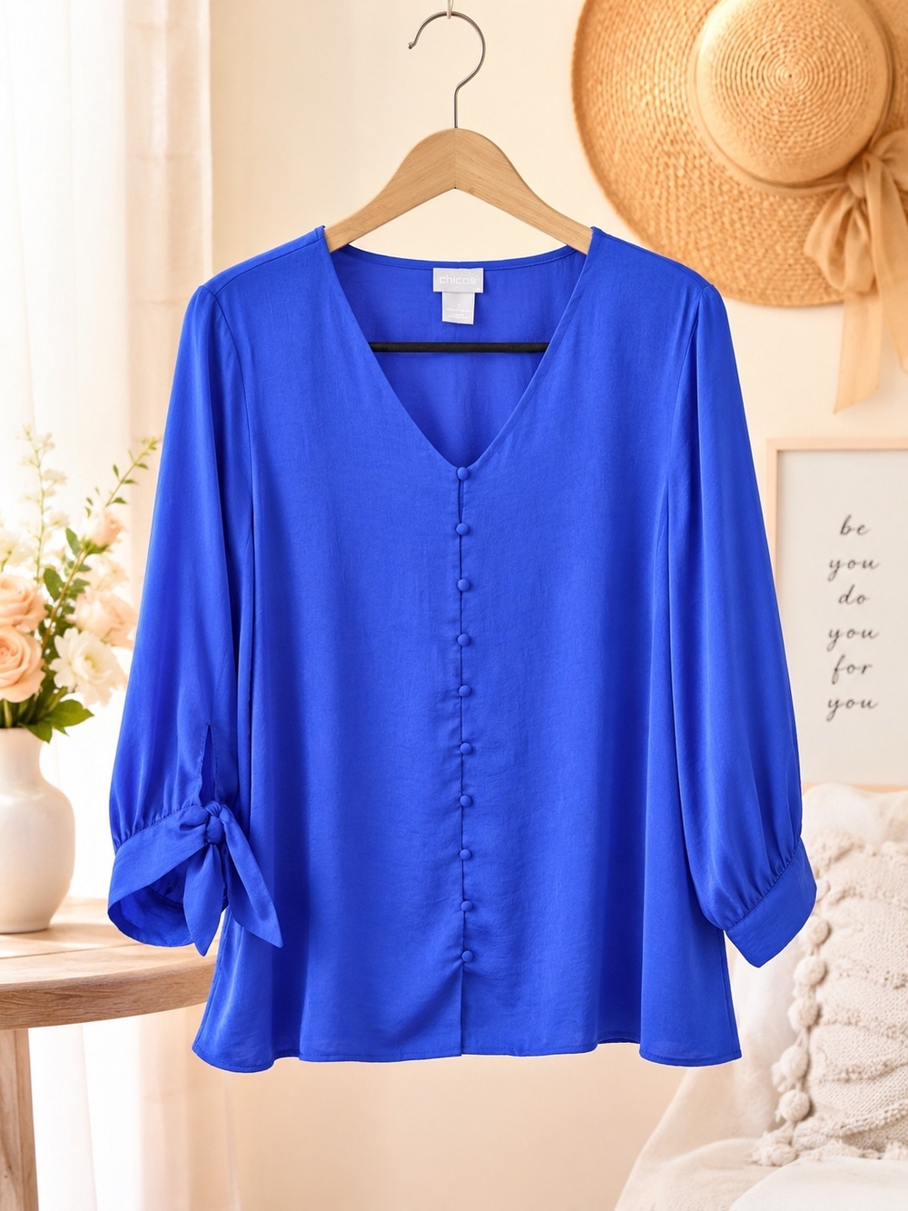 Chico's Royal Blue Silky Button Front Tie Sleeve Blouse 1 (M)